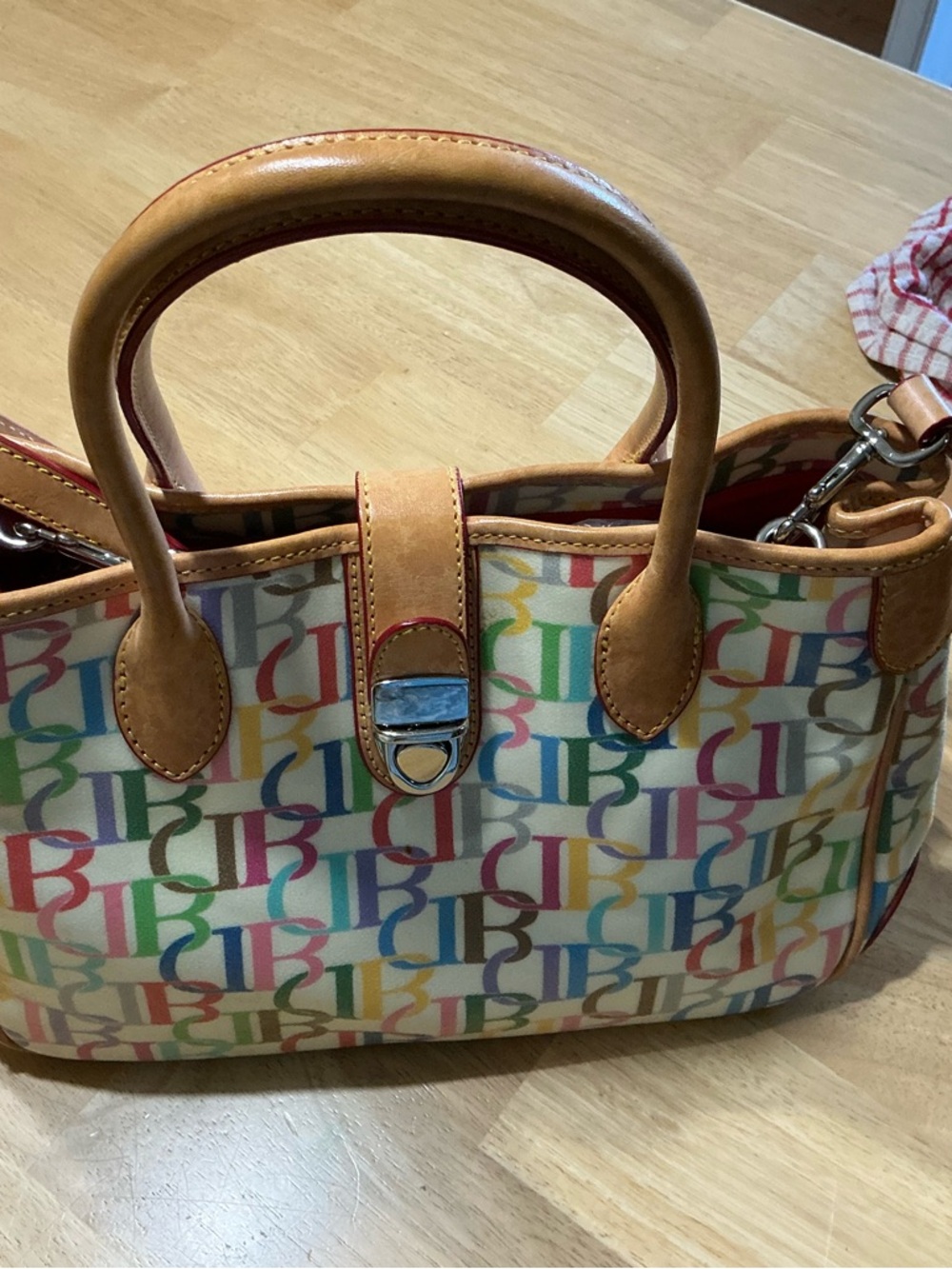 Dooney & Bourke Multicolor Logo Satchel with Tan Leather Handles